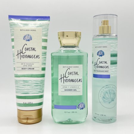 Bath and Body Works Coastal Hydrangeas Shower Gel, Fine Fragrance Mist and Body Cream 3-Piece Bundle