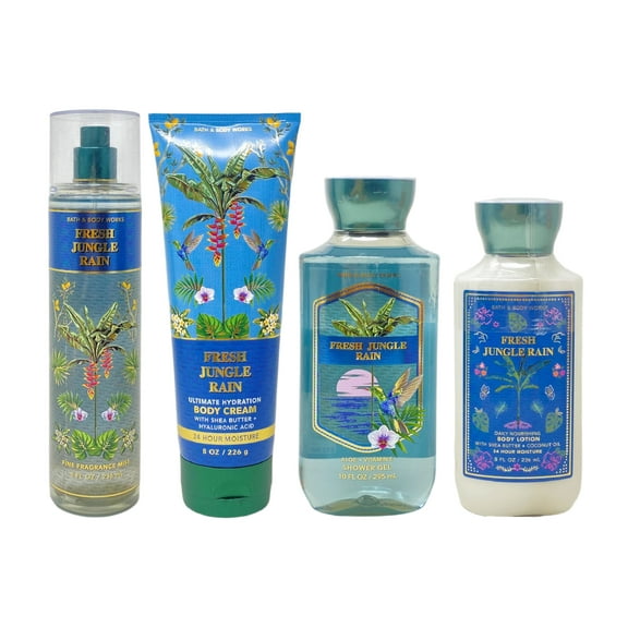 Bath and Body Works Fresh Jungle Rain 4 Piece Gift Set - Fragrance Mist - Body Cream - Shower Gel - Body Lotion - Full Size
