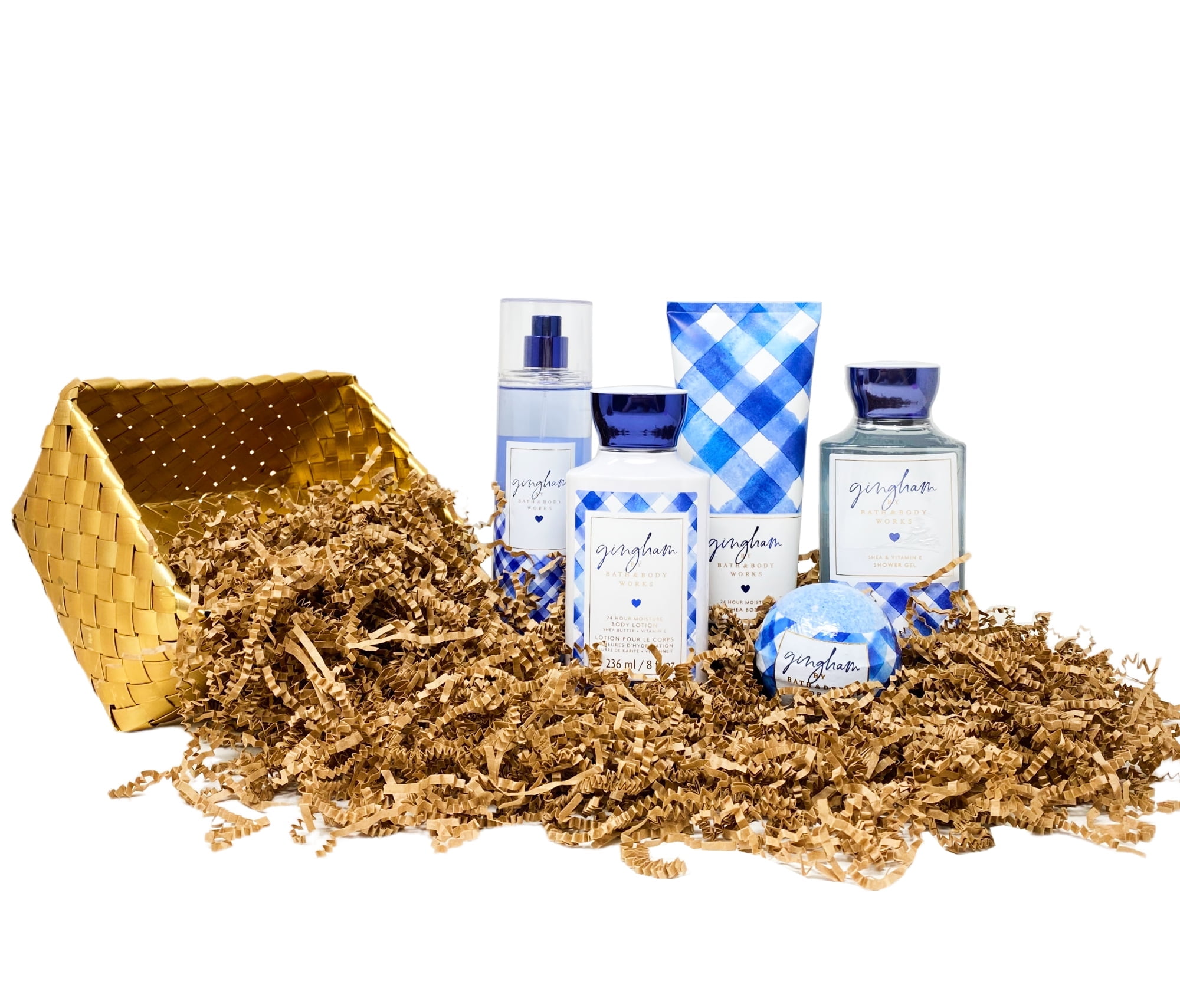 Bath and Body Works Gingham Gold Woven Basket 5 Piece Gift