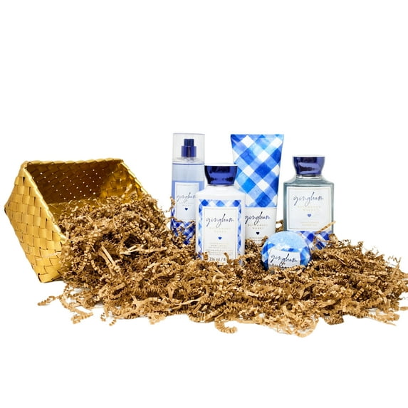 Bath and Body Works Gingham Gold Woven Basket 5 Piece Gift Set - Fragrance Mist - Body Cream - Shower Gel - Body Lotion - Bath Fizzy - Full Size