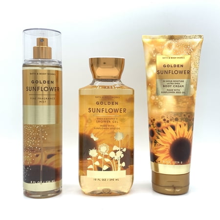 Bath and Body Works Golden Sunflower Fine Fragrance Mist, Shower Gel, and Body Cream 3-Piece Bundle