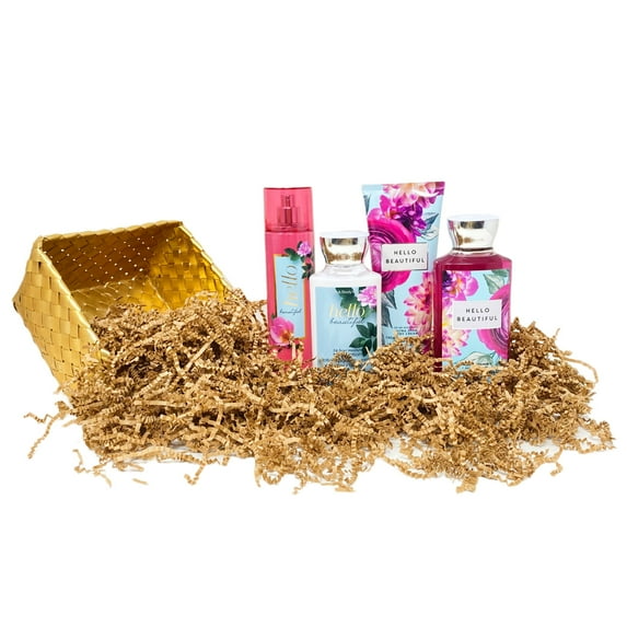 Bath and Body Works Hello Beautiful Gold Woven Basket 4 Piece Gift Set - Fragrance Mist - Body Cream - Shower Gel - Body Lotion - Full Size