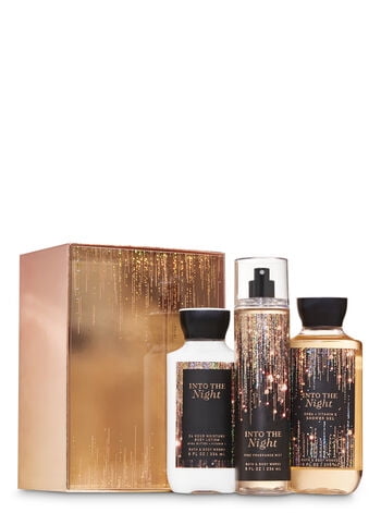 Bath and Body Works INTO THE NIGHT Gift Box Set - Body Lotion, Fine Fragrance Mist & Shower Gel inside a glittery gift box. Full Size