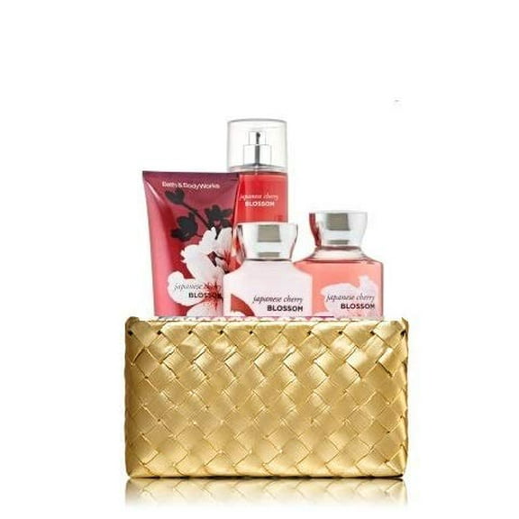 Bath and Body Works JAPANESE CHERRY BLOSSOM Gold Woven Basket Gift Kit