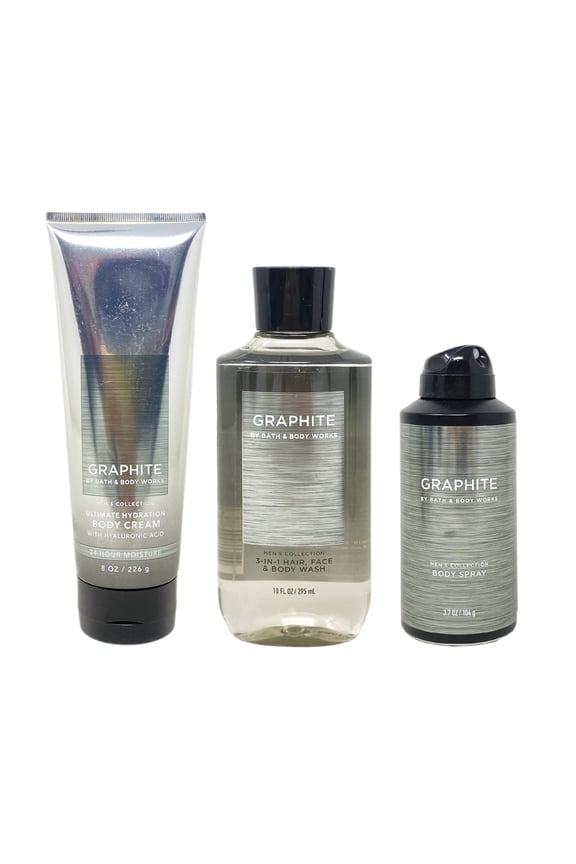 Bath and Body Works Men's Collection Graphite Trio Gift Set - Body Cream - 3-in-1 Hair, Face & Body Wash - Body Spray - Full Size