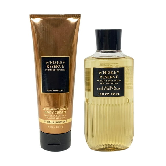 Bath and Body Works Men's Collection Whiskey Reserve 2 Piece Bundle - Body Cream and 3-in-1 Hair, Face & Body Wash - Full Size