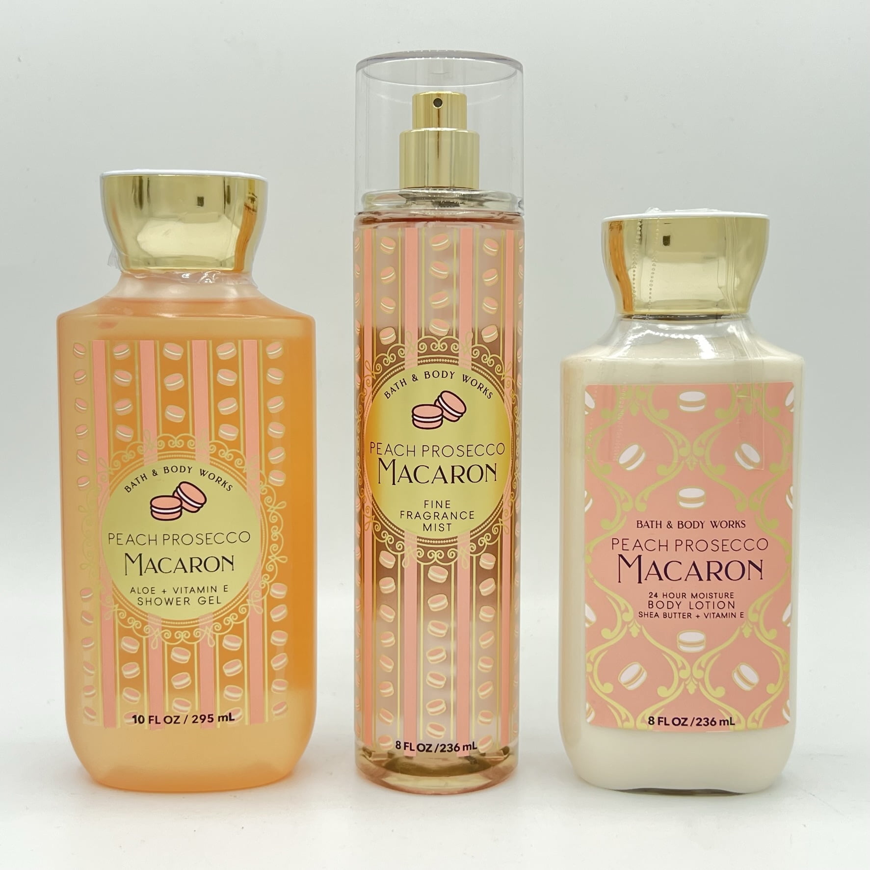 Bath and Body Works Peach Prosecco Macaron 10oz Shower Gel, 8oz Fine Fragrance Mist and 8oz Body Lotion 3-Piece Bundle