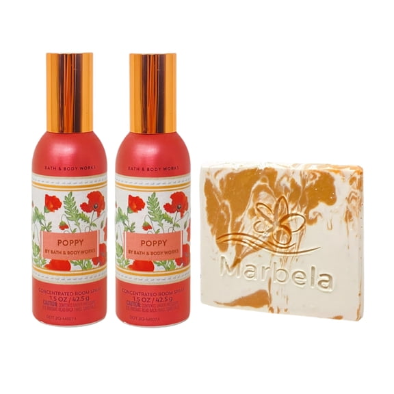 Bath and Body Works Poppy 2 Concentrated Room Sprays with a Peach Gardenia Mini Soap