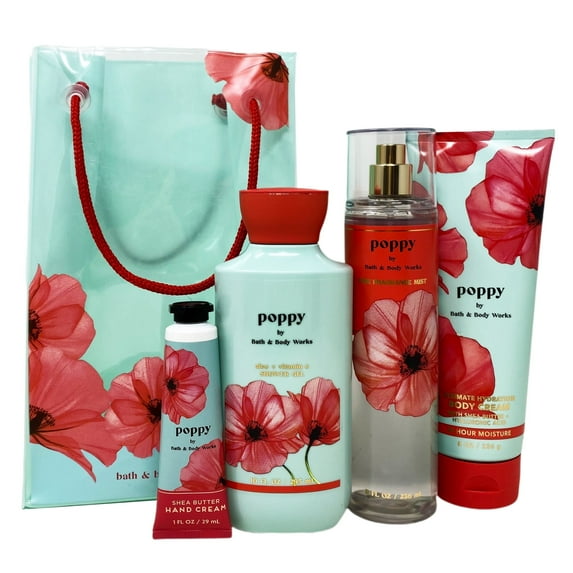 Bath and Body Works Poppy Gift Bag Set - Fine Fragrance Mist - Ultimate Hydration Body Cream - Shower Gel - Shea Butter Hand Cream