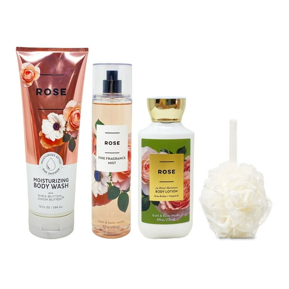 Bath and Body Works ROSE Gift Kit ~ Moisturizing Body Wash ~ Body Lotion & Fragrance Mist + FREE Shower Sponge