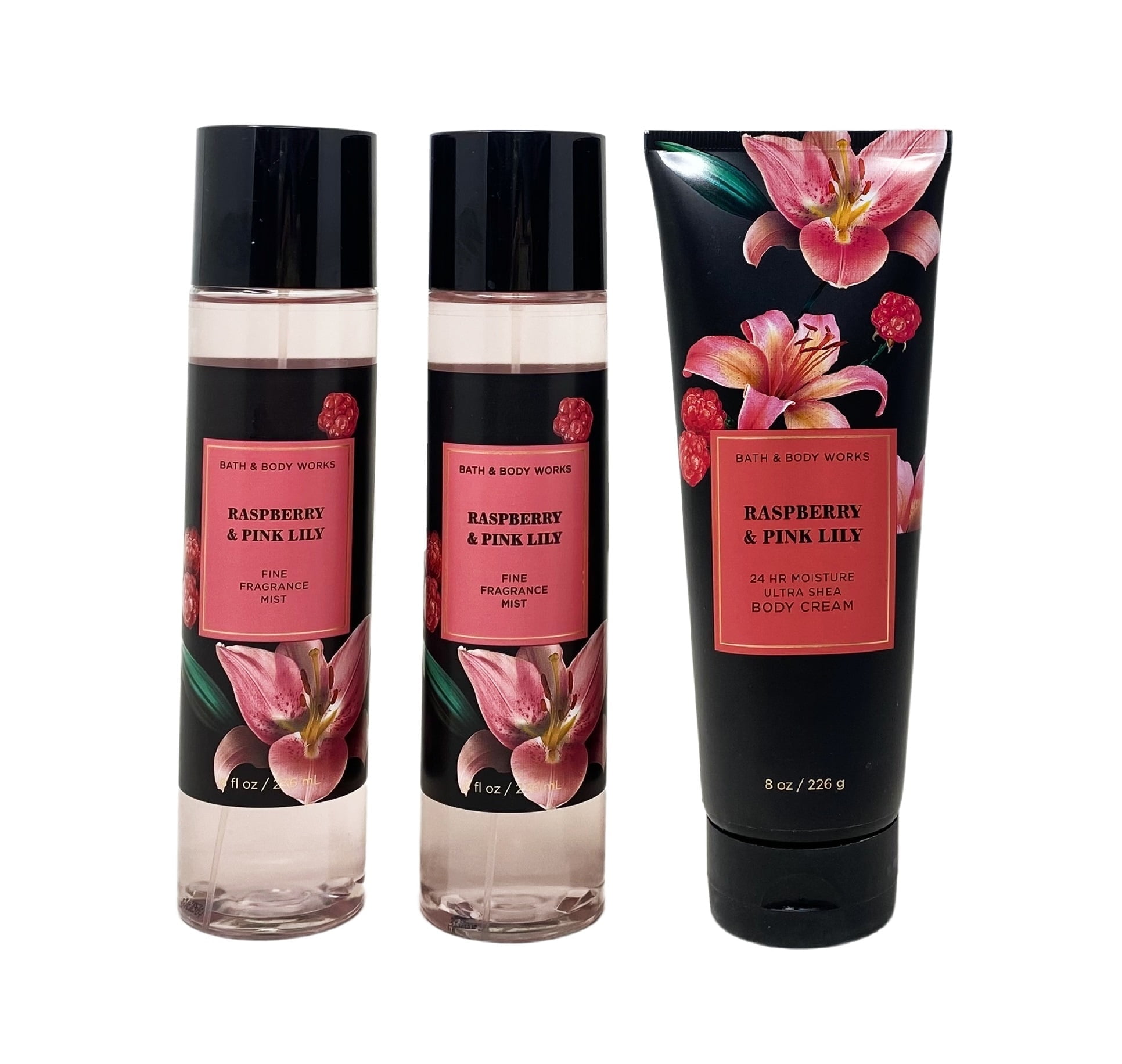 Bath Body Works Raspberry and Pink Lily Bundle, Fine Fragrance