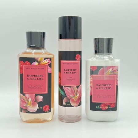 Bath and Body Works Raspberry and Pink Lily Shower Gel, Fine Fragrance Mist and Body Lotion 3-Piece Bundle