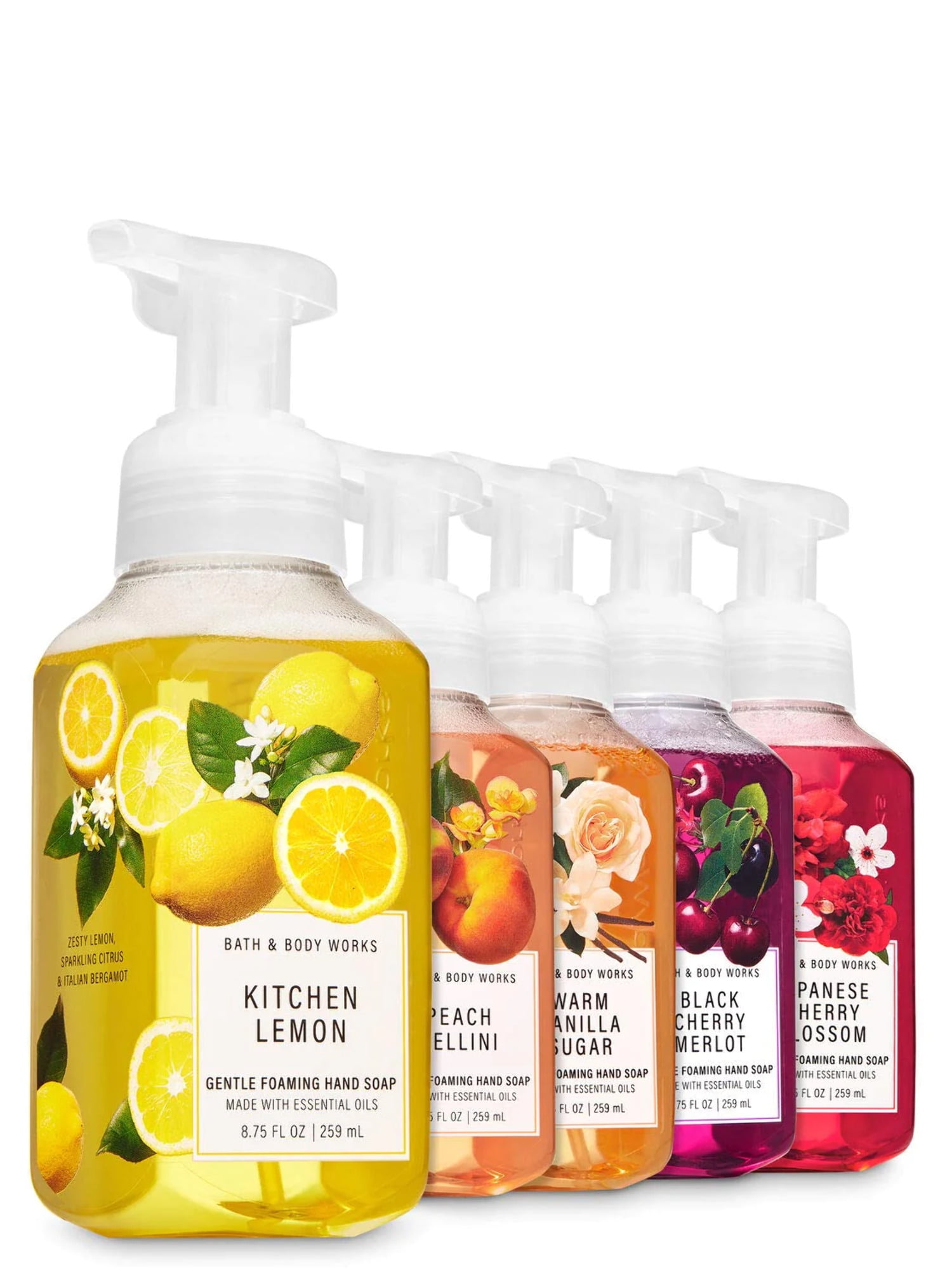 Bath and Body Works - Set of 5 Foaming Hand Soaps - Kitchen Lemon, Peach Bellini, Warm Vanilla Sugar, Black Cherry Merlot, Japanese Cherry Blossom