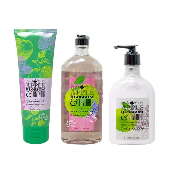 Bath and Body Works Signature Collection Apple Blossom & Lavender 3 Piece Bundle - Body Cream - Shower Gel - Body Lotion - Full Size