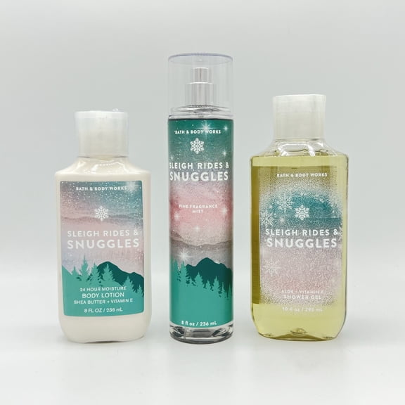 Bath and Body Works Sleigh Rides and Snuggles Body Lotion, Fine Fragrance Mist and Shower Gel 3-Piece Bundle