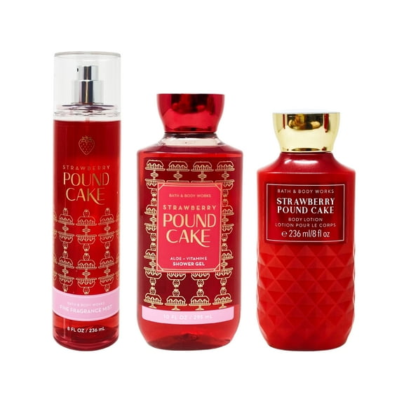 Bath and Body Works Strawberry Pound Cake 3 Piece Gift Set - Fragrance Mist - Shower Gel - Body Lotion - Full Size