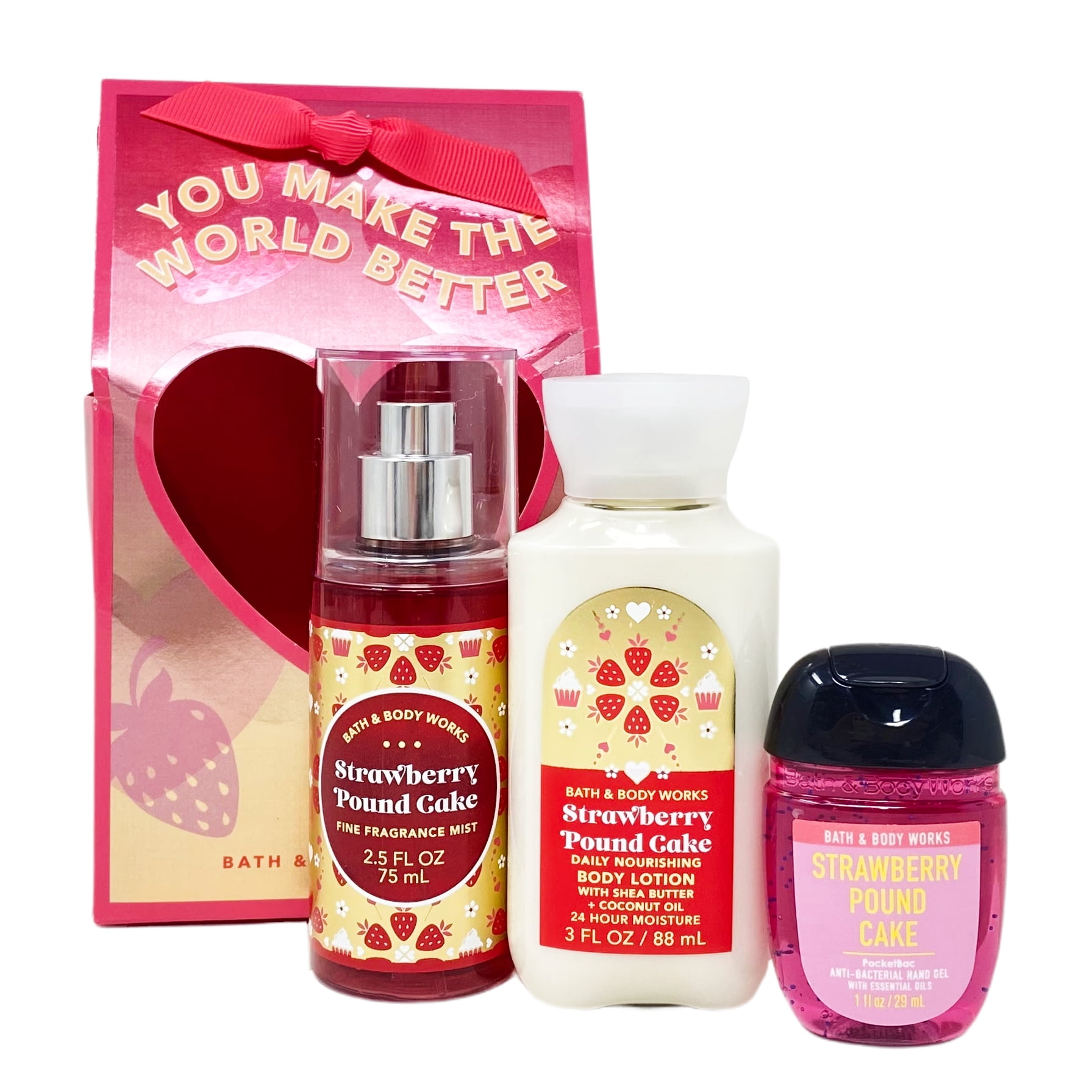 Bath and Body Works Strawberry Pound Cake You Make The World Better Travel Gift Bag Set - Fragrance Mist - Body Lotion - Hand Gel - Travel Size