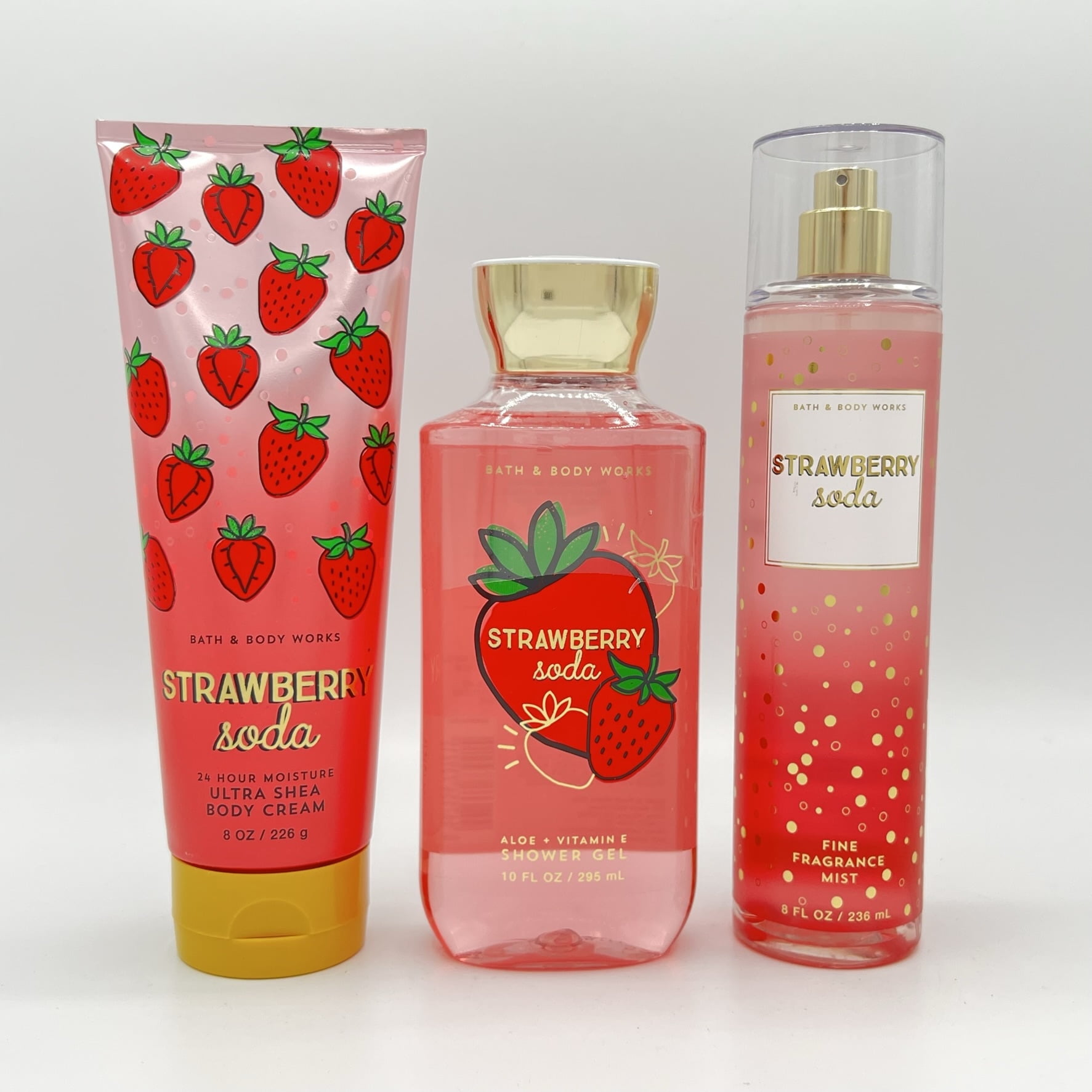 Bath and Body Works Strawberry Soda Body Cream, Shower Gel and Fine Fragrance Mist 3-Piece Bundle