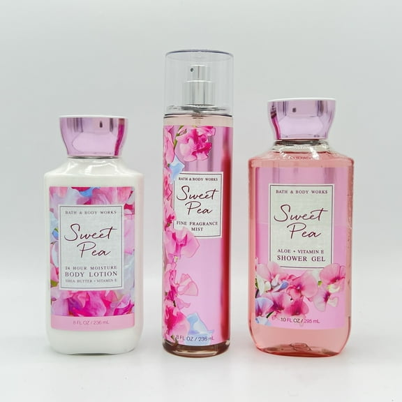 Bath and Body Works Sweet Pea Body Lotion, Fine Fragrance Mist and Shower Gel 3-Piece Bundle