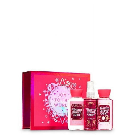 Bath and Body Works TWISTED PEPPERMINT Mini Gift Box Set Set 3-pc Travel Size arranged in an gift box with a ribbon