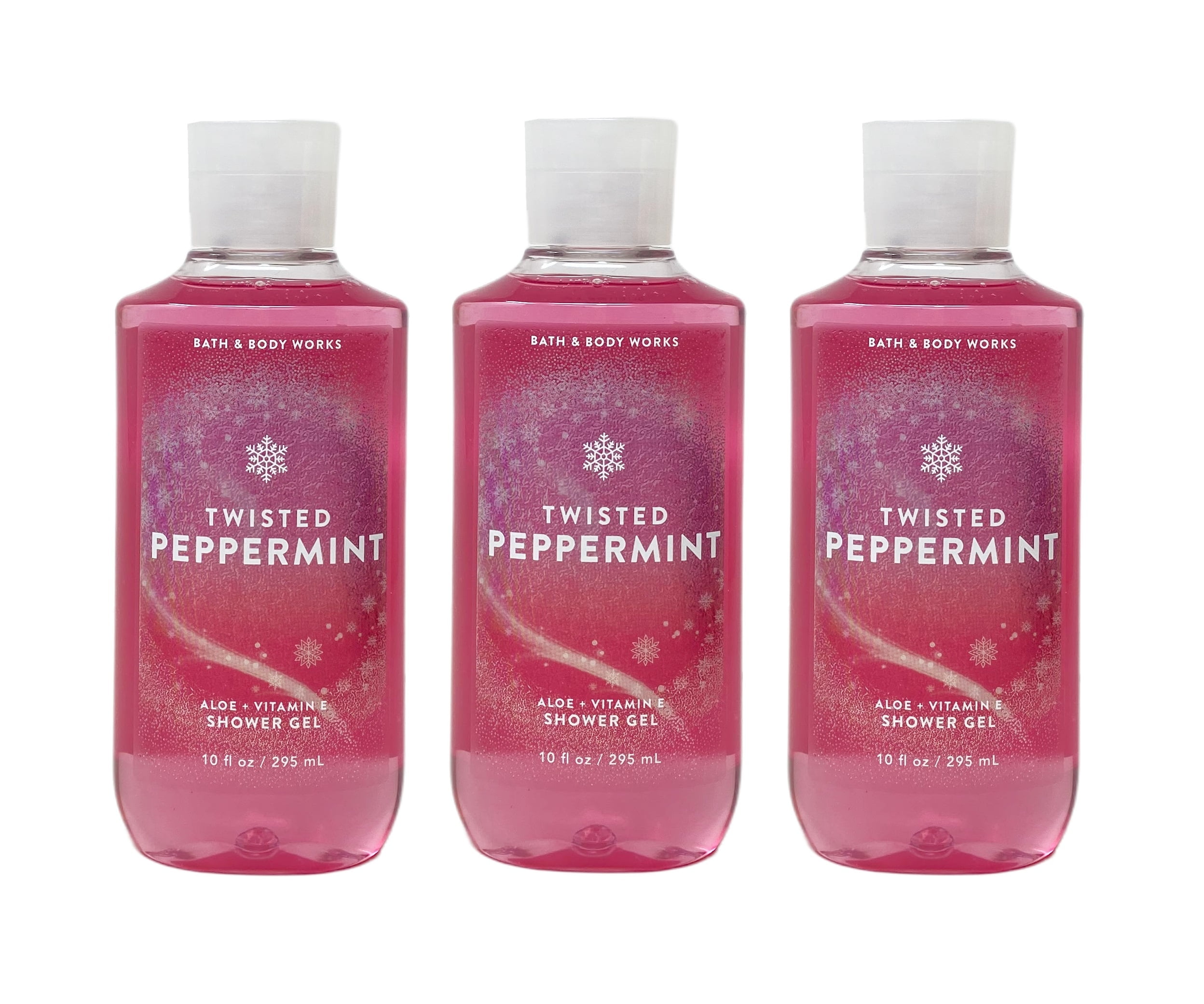 Bath and Body Works Twisted Peppermint 3 Pack Aloe + Vitamin E Shower Gel Bundle - 10 fl oz / 295 mL each