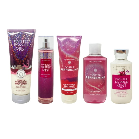 Bath and Body Works Twisted Peppermint 5 Piece Bundle - Body Wash - Fragrance Mist - Body Cream - Shower Gel - Body Lotion - Full Size