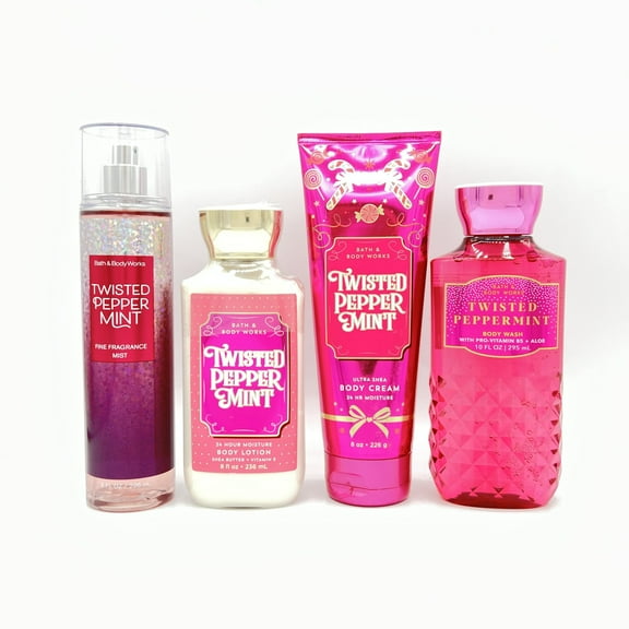 Bath and Body Works Twisted Peppermint Fine Fragrance Mist, Body Lotion, Body Cream and Shower Gel 4-Piece Bundle