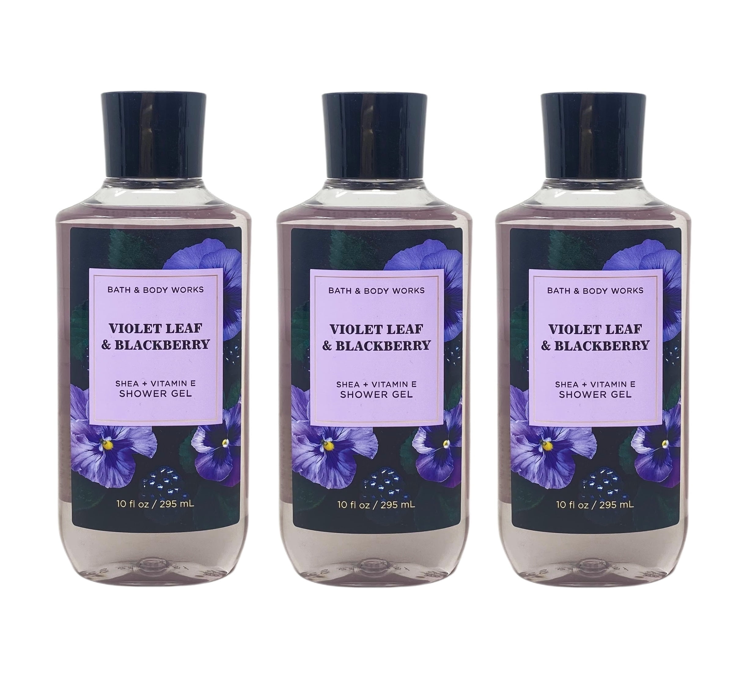 Bath and Body Works Violet Leaf & Blackberry 3 Pack Shea + Vitamin E Shower Gel Bundle - 10 fl oz / 295 mL each