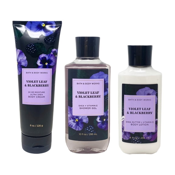 Bath and Body Works Violet Leaf & Blackberry 3 Piece Bundle - Body Cream - Shower Gel - Body Lotion - Full Size