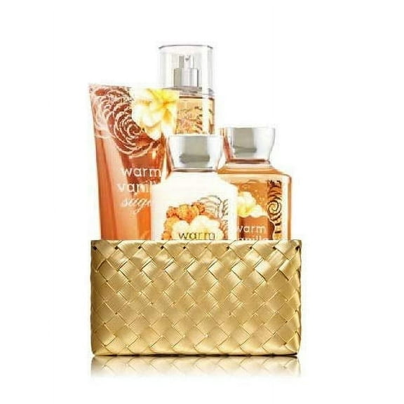 Bath and Body Works WARM VANILLA SUGAR Gold Woven Basket Gift Kit