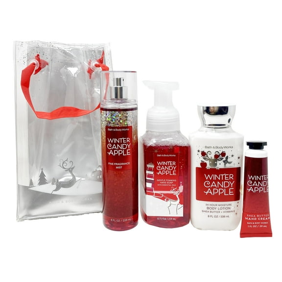 Bath and Body Works WINTER CANDY APPLE Gift Bag Set - Fine Fragrance Mist -Body Lotion - Gentle Foaming Hand Soap and Hand Cream