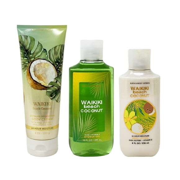 Bath and Body Works Waikiki Beach Coconut 3 Piece Set - Body Cream - Shower Gel - Body Lotion - Full Size