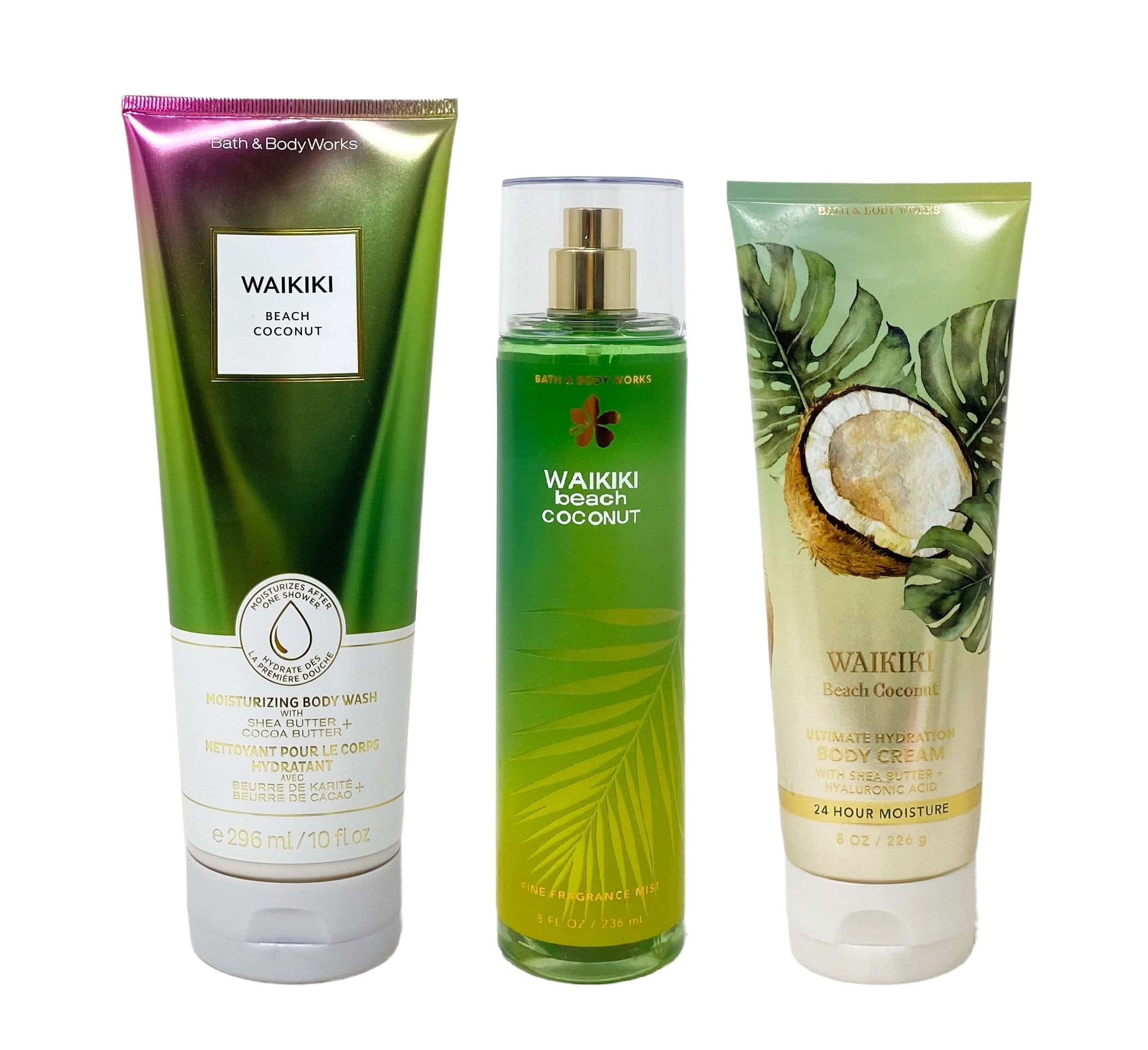 Bath and Body Works Waikiki Beach Coconut Everyday Value Pack - Moisturizing Body Wash - Fragrance Mist - Body Cream - Lot of 3