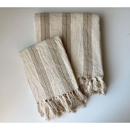 Bath and Hand Towels Set, Lightweight Striped Picnic Throw Shawl, Beige Bronze Cotton Linen Turkish Towels, Mothers Day Gift, Wedding Present