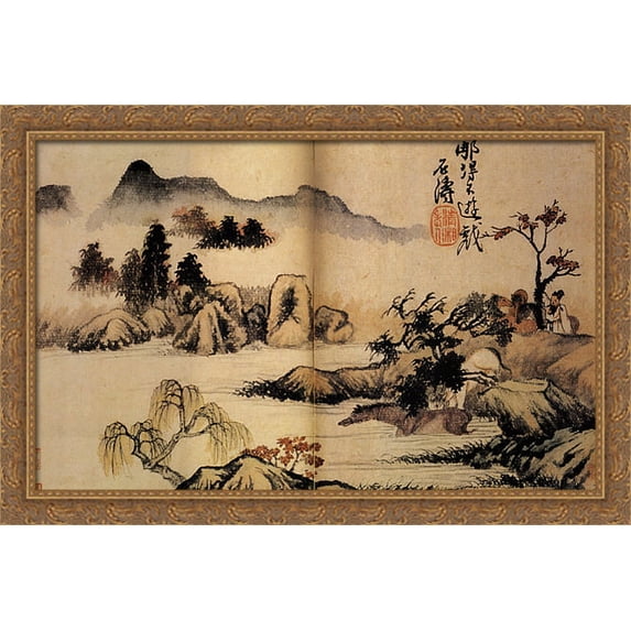 Bath horses 40x28 Large Gold Ornate Wood Framed Canvas Art by Shitao
