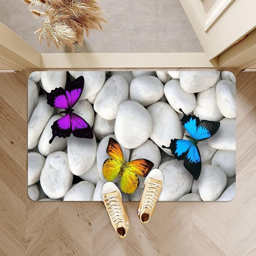 Bath mat，Butterfly and White Stones Super Absorbent Fast Drying Non