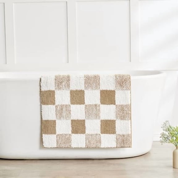 Bath mats for Bathroom Non Slip, Fluffy Absorbent Microfiber Bath mat Washable, Aesthetic Bathroom Rugs, Long Beige Checkered Bath Runner, Beige, 59" x 24"