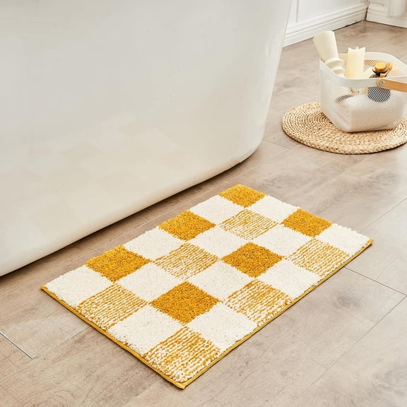 Bath mats for Bathroom Non Slip, Fluffy Absorbent Microfiber Bath mat Washable, Aesthetic Bathroom Rugs, Small Harvest Gold Checkered Bath mat, Harvest Gold, 24" x 16"