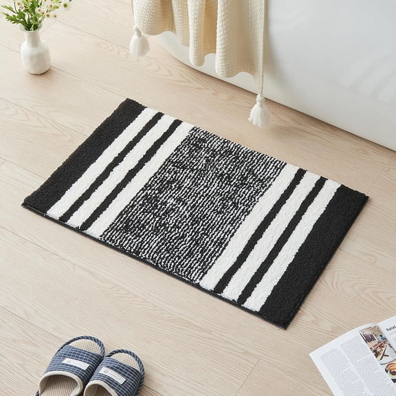 Bath mats for Bathroom Non Slip, Fluffy Absorbent Microfiber Bath mat Washable, Aesthetic Bathroom Rugs, Small Jet Black Striped Bath mat, Jet Black, 24" x 16"