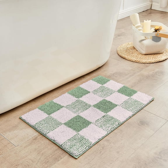 Bath mats for Bathroom Non Slip, Fluffy Absorbent Microfiber Bath mat Washable, Aesthetic Bathroom Rugs, Small Sage Green Checkered Bath mat, Sage Green, 24" x 16"