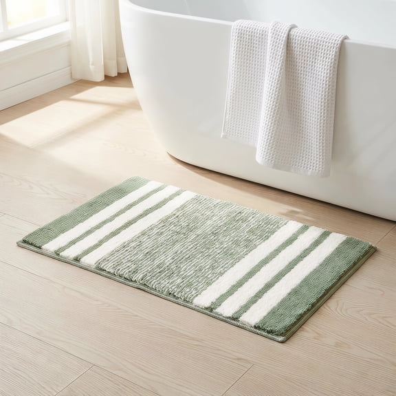HUO Songmiao Sage Green Striped Bath Mat, Non Slip Absorbent Microfiber Bathroom Rug, Machine Washable, 24" x 16"