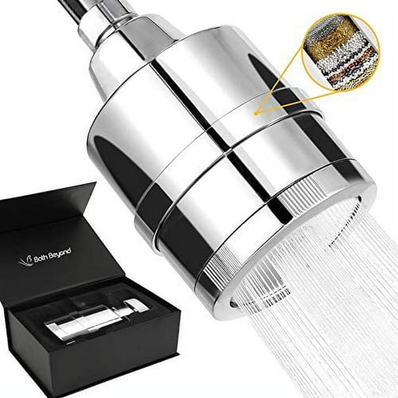 BathBeyond Shower Filter Head 2-in-1 Vitamin C 15 Stage High Output Water Filter With cartridge for Hard Water - Removes Chlorine Fluoride and Improves The Condition of Your Skin, Hair (Chrome)