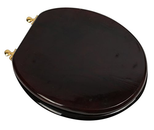 BathDecor Mahogany Finish Designer Solid Round Oak Wood Toilet Seat with Polished Brass Hinges