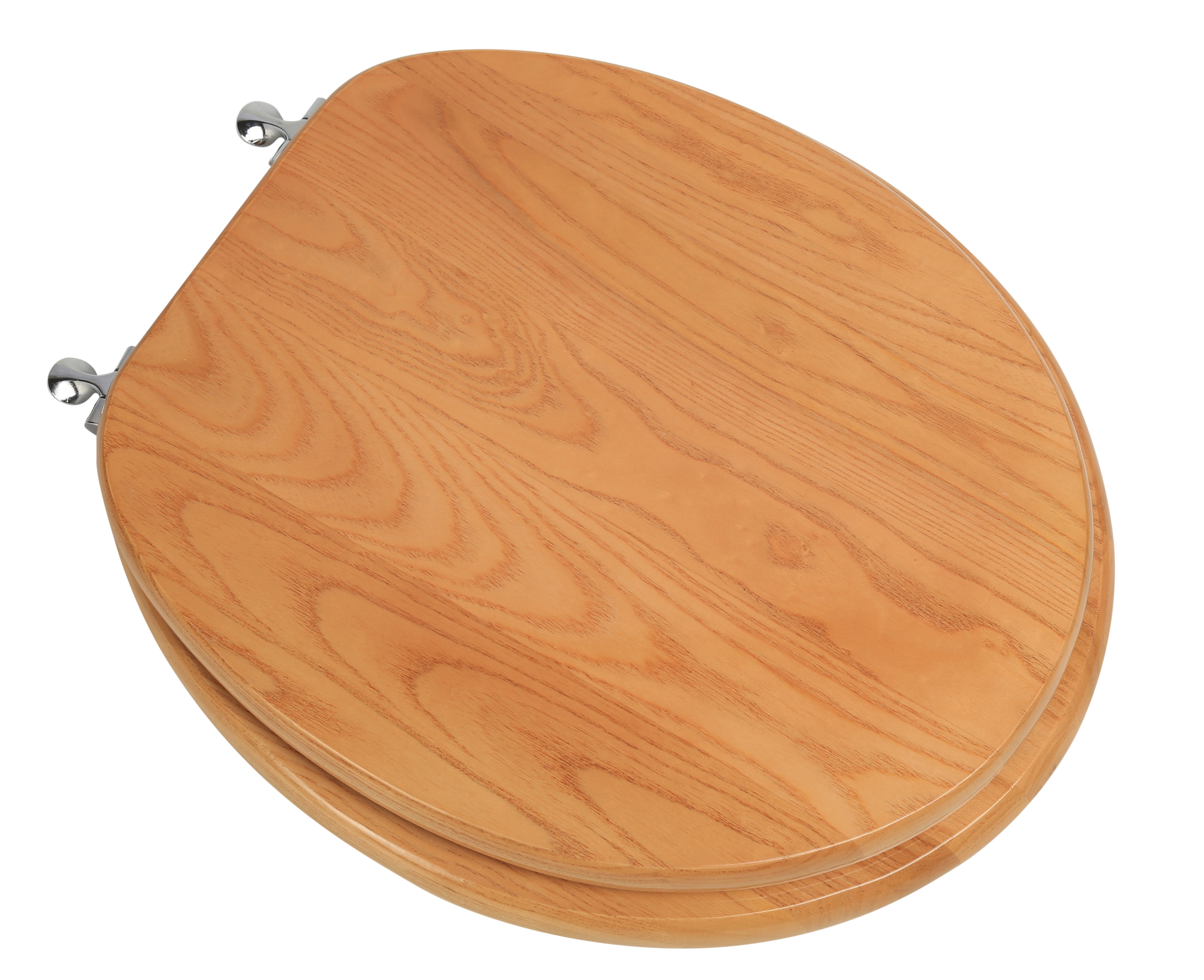 BathDecor Natural Red Oak Finish Designer Solid Round Oak Wood Toilet Seat with Chrome Hinges
