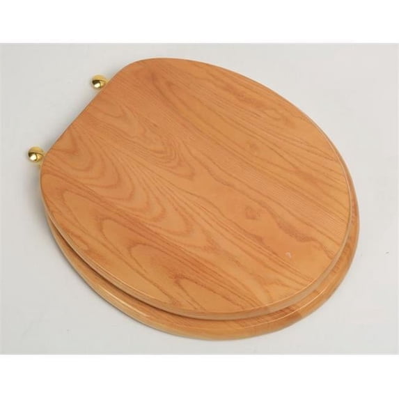 BathDecor Natural Red Oak Finish Designer Solid Round Oak Wood Toilet Seat with Polished Brass Hinges