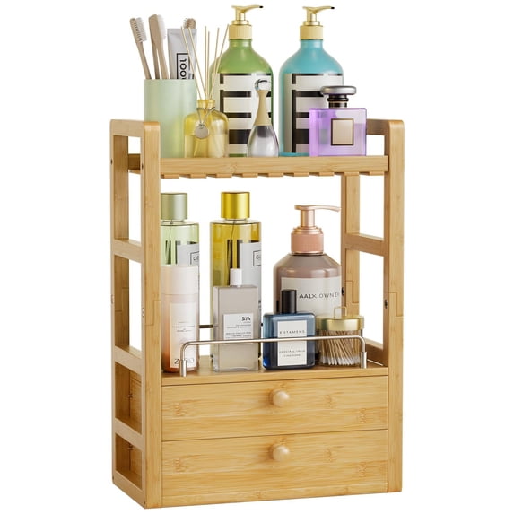 BathWay Bamboo Bathroom Countertop Organizer, 2-Tier Makeup Organizer with 2 Drawers, Vanity Organizer Storage Coffee Matcha Station, Compact Shelf for Bathroom Kitchen Office, Black