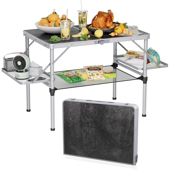 BathWay Folding Camping Table 3ft, Large Camp Table Portable with Extra Side Racks & Storage Net, Folding Picnic Table, Outdoor Patio Table, RV/Car Camping Essentials, Aluminum, Silver