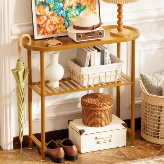 BathWay Small Entryway Table Bamboo, Narrow Hallway Table 2-tier, Slim Console Table with Anti-fall Edge, Sofa Side Table 5min Assembly, Small TV Stand, Plant Stand, Walnut, 30.7"L x 11.8"W x 29.7"H