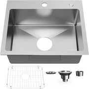 Bathenum 20" x 16" Drop in Kitchen Sink 304 Stainless Steel Single Bowl Topmount Kitchen Sink with Drain Kit and Bottom Grid, Brushed