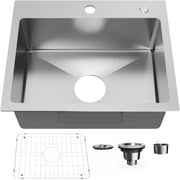 20" x 16" Drop in Kitchen Sink 304 Stainless Steel Single Bowl Topmount Kitchen Sink with Drain Kit and Bottom Grid, Brushed